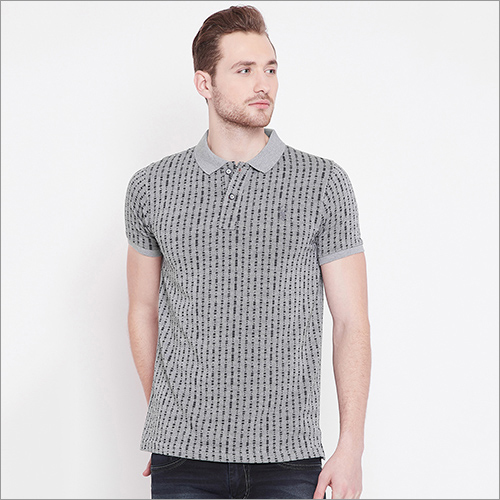 Mens Jacquard T-Shirt - 80% Cotton 20% Polyester, Polo Collar, Short Sleeves, Various Sizes Available, Attractive Designs in Grey