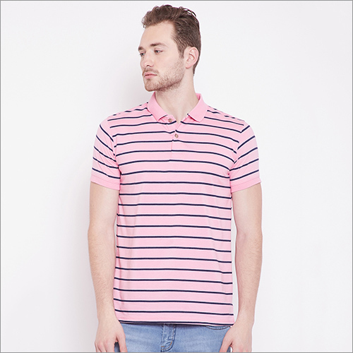 Mens Light Pink Color Stripe Polo T-Shirt