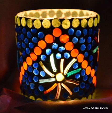 Glass Blue Mosaic T Light Candle Holder