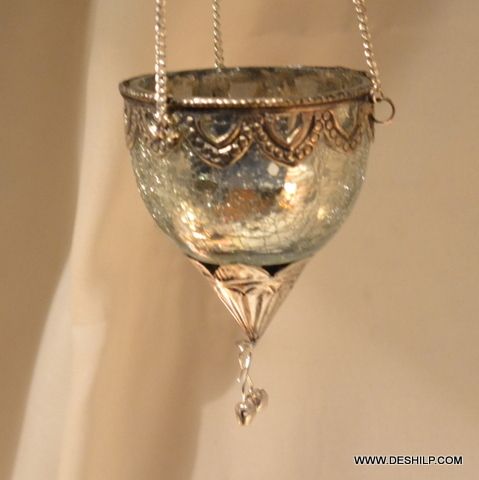 Silver Glass T Light Hanging Candle Holder