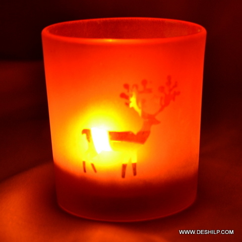 Designer Printed Orange Color Glass T Light Candle