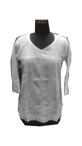 Ladies Cotton Handmade Lucknowi Kurti - Cotton, Customized Sizes S-XXXL, White, Full Sleeves, Embroidered Design | Anti-Wrinkle, Breathable, Washable, Smooth Texture