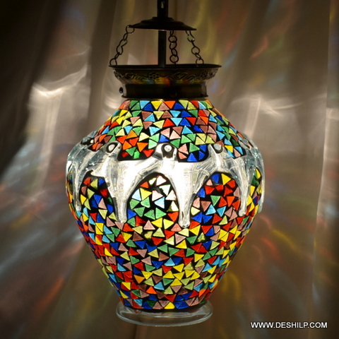 Round Shaped Multi Mosaic Glass Wall Hanging Lamp - Color: Multicolor