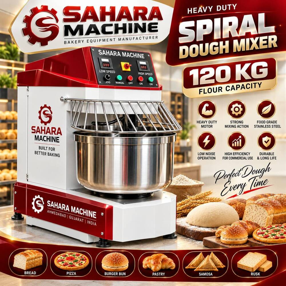 Automatic Spiral Mixer - Stainless Steel, 840x480x1000mm, Red and White | Automatic Grade, 60 L Capacity, 3kw Power, Adjustable Speeds, 180kg Weight