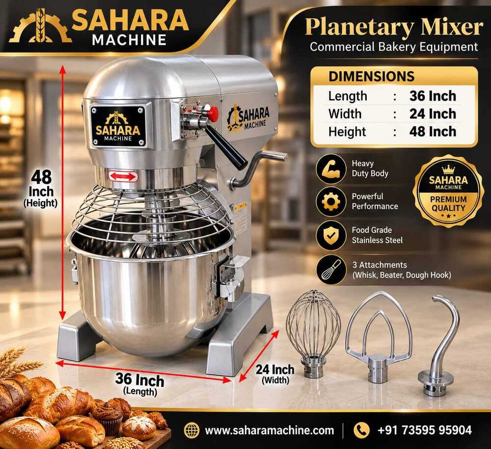 Planetary Mixer - Stainless Steel 545x440x882mm Silver | 30L Bowl Volume Semi-Automatic Variable Speed 1.5kw Power 10kg Capacity Timer Function