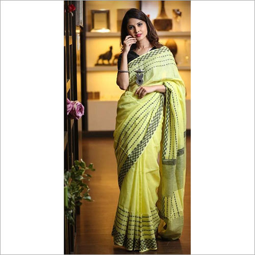 Yellow Tissue Silk Plain Saree