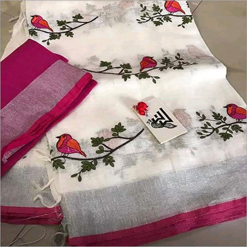 Printed Embroidery Linen Saree