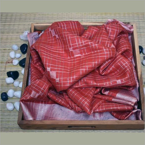 Check Linen Saree - High Quality Linen Fabric, Red Color, Attractive Checkered Pattern | Lightweight, Soft Texture, Easy to Wash, Fade Resistant