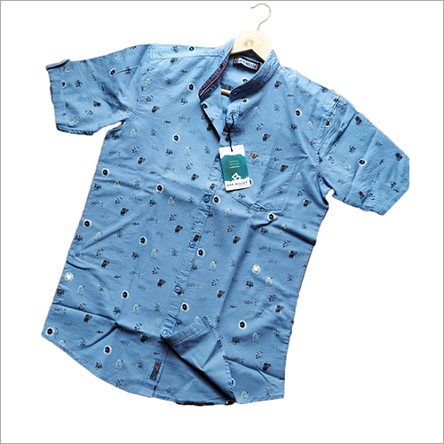 Blue Mens Printed Casual Shirt