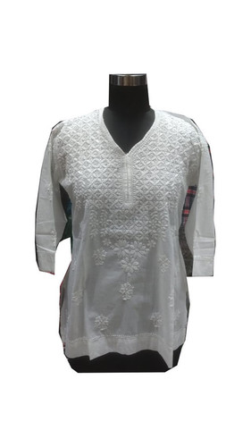 White Ladies Cotton Handmade Lucknowi Kurti