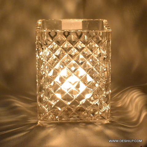 Golden colored Crystal Cutting Glass Candle Holder