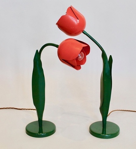 Green & Red A Pair Of Painted Metal Tulip Lamps