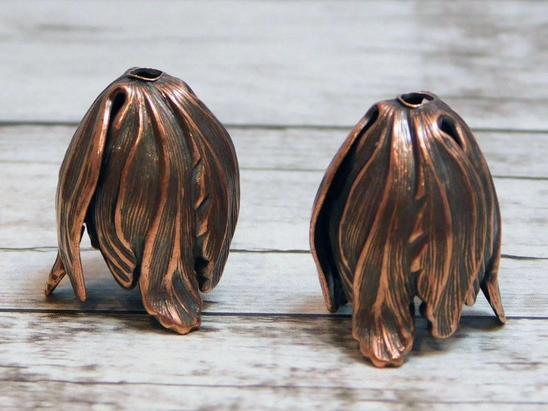 Antiqued Copper Tulip Flower Bead Caps