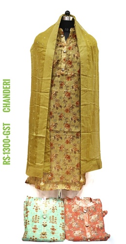 Designer Chanderi Suit - Cotton Silk Material, Printed Pattern | Breathable, Cool Pass, Dry Cleanable, No Fade, Washable for All Seasons