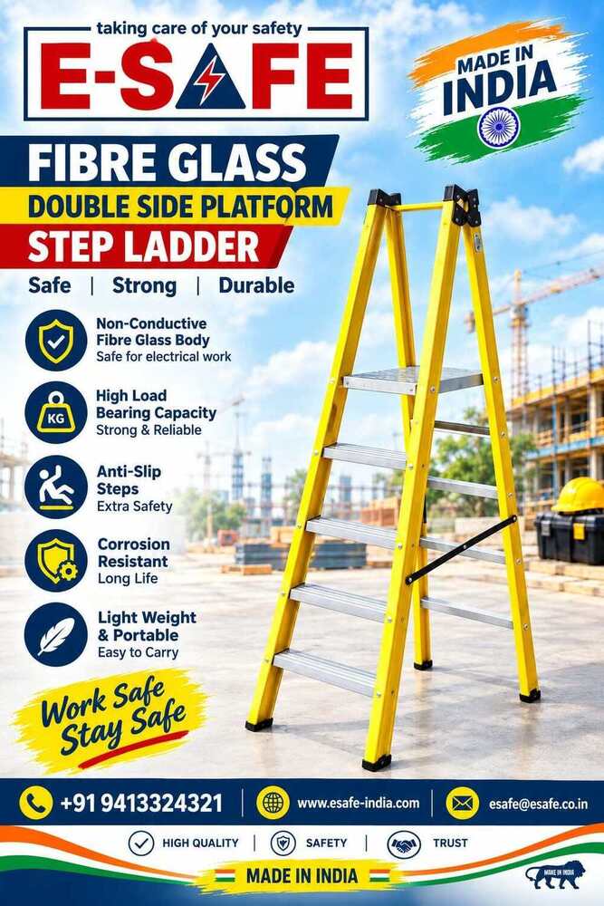 Fibreglass Step Ladder - Capacity 140 Kg, Working Height 3 to 18 Feet | Antiskid V Pole Support, Yellow Hand Rail