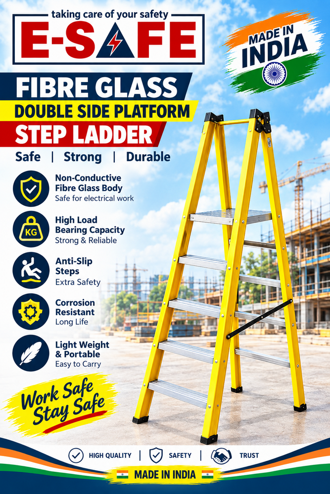 Fibreglass Step Ladder - Capacity 140 Kg, Working Height 3 to 18 Feet | Antiskid V Pole Support, Yellow Hand Rail