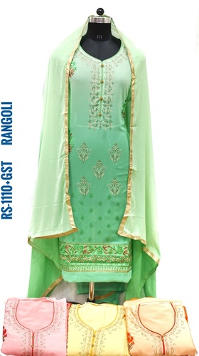Ladies Rangoli Fabric Suit - Rayon Embroidered Design | Breathable, Washable, Dry Cleanable for All Seasons
