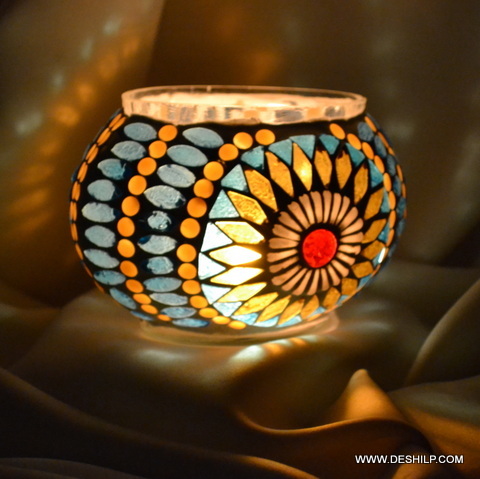 Flowered T Light Candle Holder With Mosaic - Material: Glass