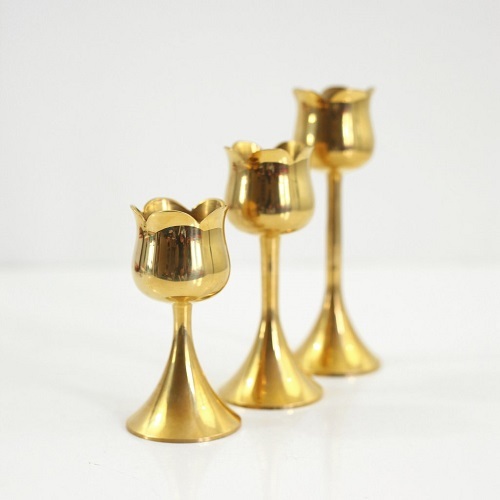 Trio of Mid Century Brass Tulip Candlesticks