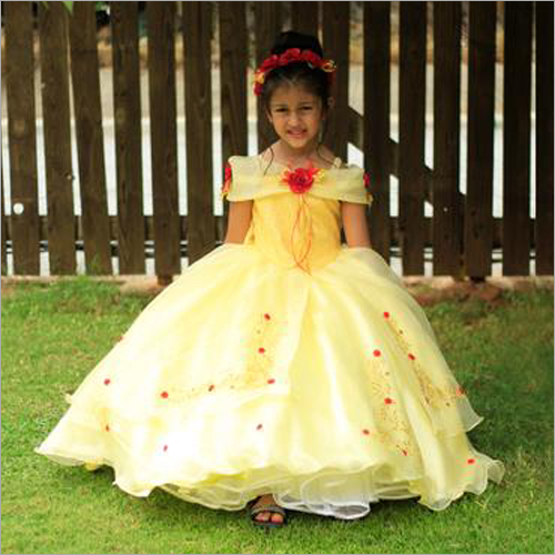 Girls Fancy Frock - Polyester, Multiple Sizes, Yellow | Embroidered, Off Shoulder, Floor Length, Elegant Design