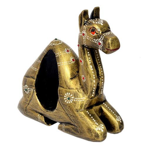 Home Decor Indian Handmade Wooden Painted Setting Camel With Bell