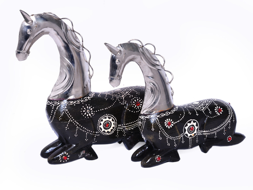 Black Decorative Indian Handmade Wood And Iron Painted Setting Horse