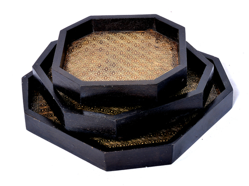 Home Decorative Gift Purpose Handmade Brass Coated Wooden Trays