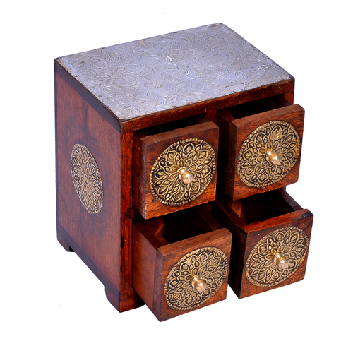 Home Decor Craft Brass Coated Design Polished Wooden 4 Rack Drawer