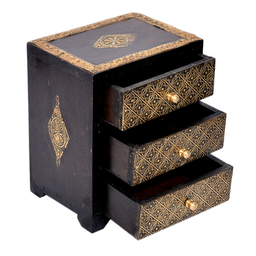 Designer Home Decorative Brass Coated Design Polished Wooden 3 Rack Drawer