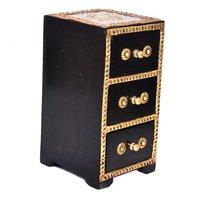 Vintage Style Indian Handmade Home Decor Brass Coated 3 Rack Wooden Drawer