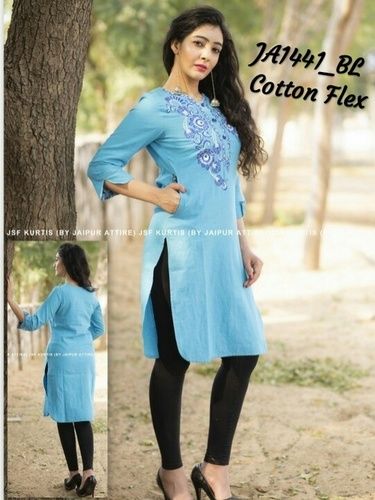 Blue Embroidered Straight Cotton Kurti