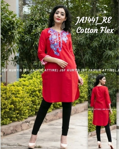 Red Embroidered Cotton Kurti