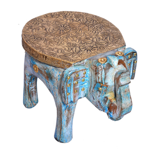 Wood Handmade Decor Craft Indian Elephant Brass Fitted Antique Wooden Stool