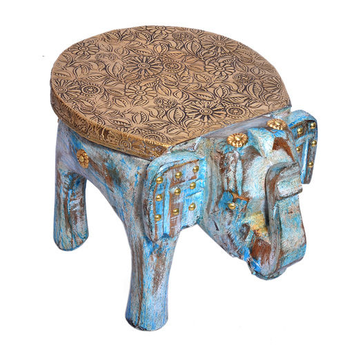 Handmade Decor Craft Indian Elephant Brass Fitted Antique Wooden Stool - Material: Wood