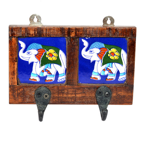 Handmade Elephant Printed 2 Tile Wooden Wall Hook Door Hanging