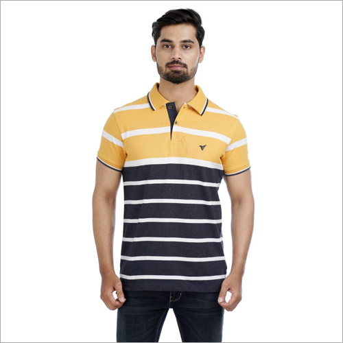 Mens Striped T-Shirt - Polyester, Sizes L/XL/M , Polo Collar, Short Sleeves, Trendy Dyed Pattern