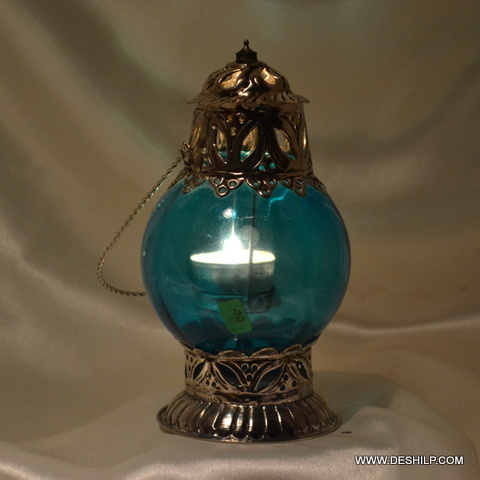 Blue And Brown Glass Candle Holder Lantern