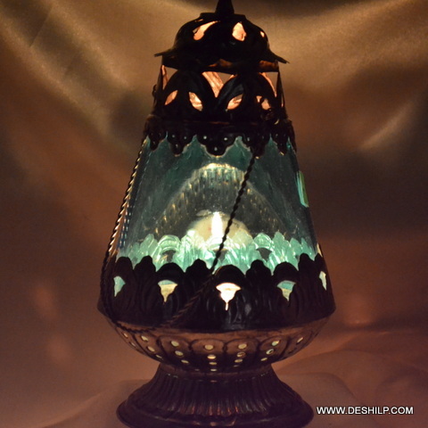 Brown And Green Glass Metal Fir Candle Older & Lanterns