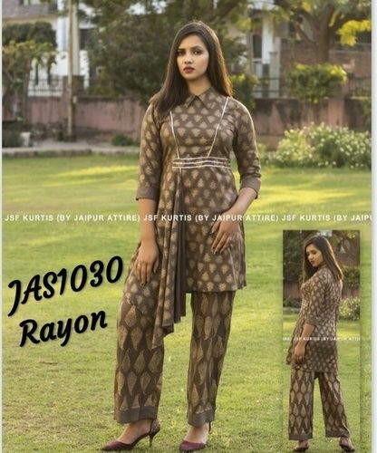 Brown Printed Rayon Kurti With Palazzo