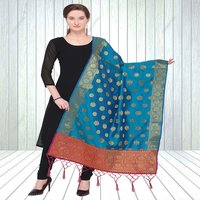 Banarasi Silk Woven Dupatta - 2.20 M Length, 0.85 M Width | Black And Blue Tussles, Embroidered Elegance For Ethnic Occasions