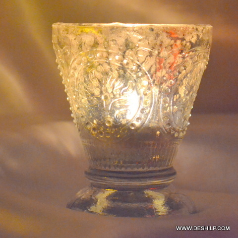 Silver Glass T Light Candle Holder For Special Indian Occasions - Finishing: Carving