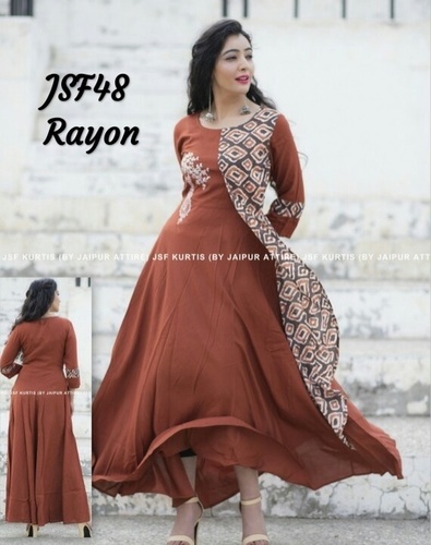 Brown Ladies Designer Long Rayon Kurti