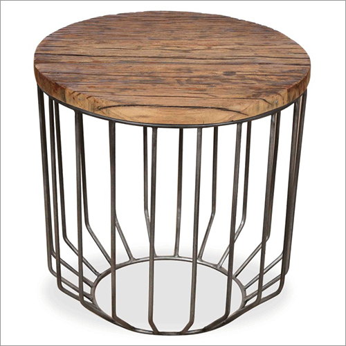 Cylindrical Iron Wood End Table