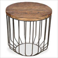 Cylindrical Iron Wood End Table