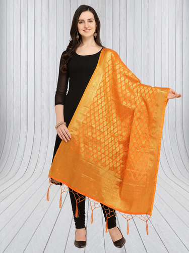 Banarasi Silk Woven Dupatta - 2.20M x 0.85M , Black & Orange with Fancy Tussles, Embroidered Pattern Suitable for Ethnic Wear