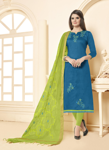 Blue And Green Cotton Embroidered Dress Material