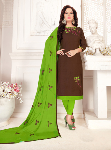 Green And Green Fancy Cotton Embroidered Dress Material