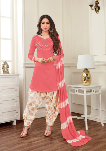 Peach Ethnic Banarasi Cotton Dress Material