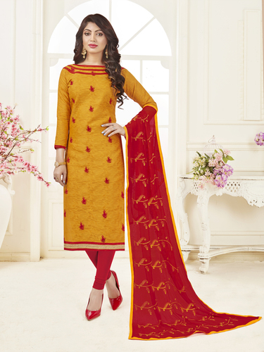 Women's Ethnic Jacquard Un-Stitched Straight Suit - Cotton Fabric, Free Size up to Chest 42, Orange & Red with Embroidery | Breathable, Cool Pass, Washable, Full Sleeves, Includes Nazneen Dupatta