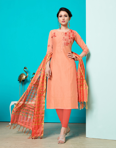 Blissta Women's Ethnic Un-stitched Straight Suit - Heavy Jam Cotton, Peach, Full Sleeves | Embroidered Pattern, Anti-Wrinkle, Breathable, Heavy Banarasi Dupatta with Fancy Tussels